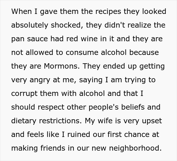 New Neighbor Gets Blasted By Mormon Guests After Dinner As They Discovered That The Sauce He Made Contained Red Wine