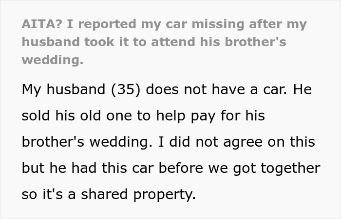 Husband Sells His Car To Fund His Brother’s Wedding, Wife Calls The Police On Him When He Takes Her Car As She Made It Clear It Was “Off Limits” Husband Sells His Car To Fund His Brother’s Wedding, Wife Calls The Police On Him When He Takes Her Car As She Made It Clear It Was “Off Limits”