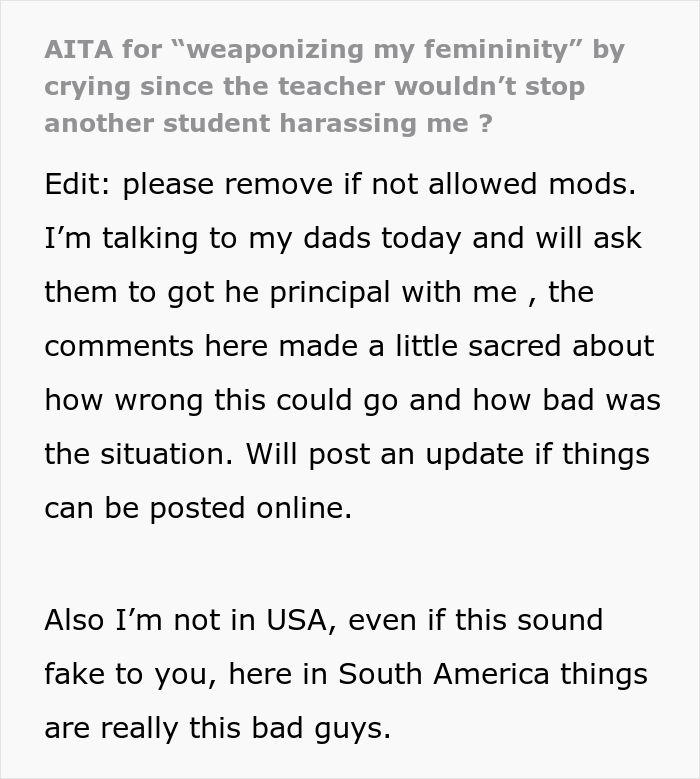 "Weaponizing My Femininity": 15 Y.O. Girl Gets Called A Jerk For Throwing A Tantrum After Getting Regularly Harassed At School "Weaponizing My Femininity": 15 Y.O. Girl Gets Called A Jerk For Throwing A Tantrum After Getting Regularly Harassed At School