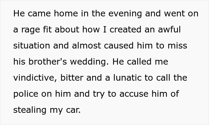 Husband Sells His Car To Fund His Brother’s Wedding, Wife Calls The Police On Him When He Takes Her Car As She Made It Clear It Was “Off Limits” Husband Sells His Car To Fund His Brother’s Wedding, Wife Calls The Police On Him When He Takes Her Car As She Made It Clear It Was “Off Limits”