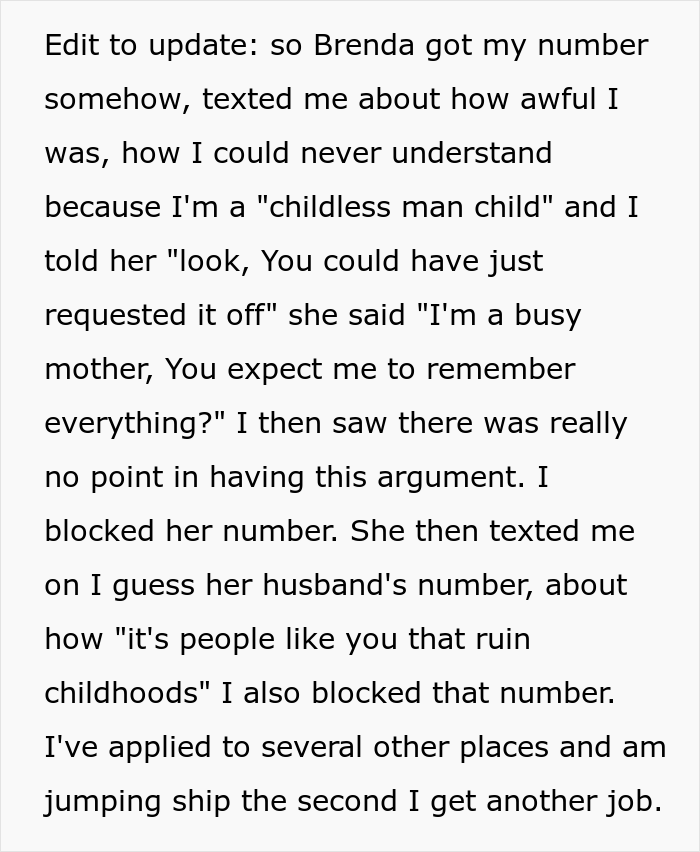 Coworker Bombards Guy With Text Messages Calling Him A “Childless Man Child” After He Refused To Cover Her Shift That Fell On Her Son’s 1st Birthday