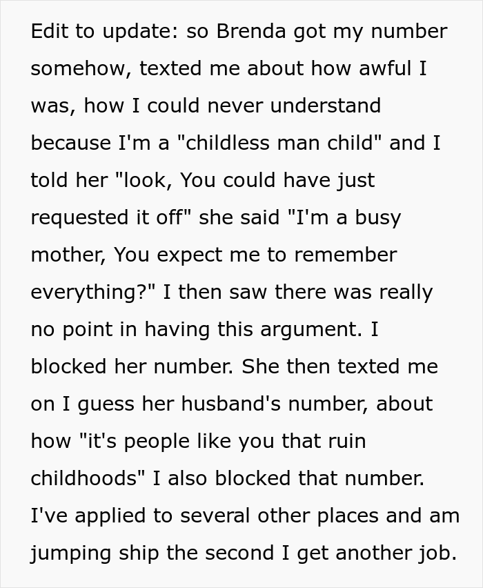 Coworker Bombards Guy With Text Messages Calling Him A “Childless Man Child” After He Refused To Cover Her Shift That Fell On Her Son’s 1st Birthday Coworker Bombards Guy With Text Messages Calling Him A “Childless Man Child” After He Refused To Cover Her Shift That Fell On Her Son’s 1st Birthday