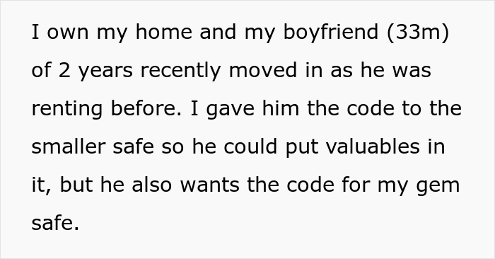Woman Won't Give Her Boyfriend The Code To Her Gem-Filled Safe, Asks If She's In The Wrong Here After He Gets Mad