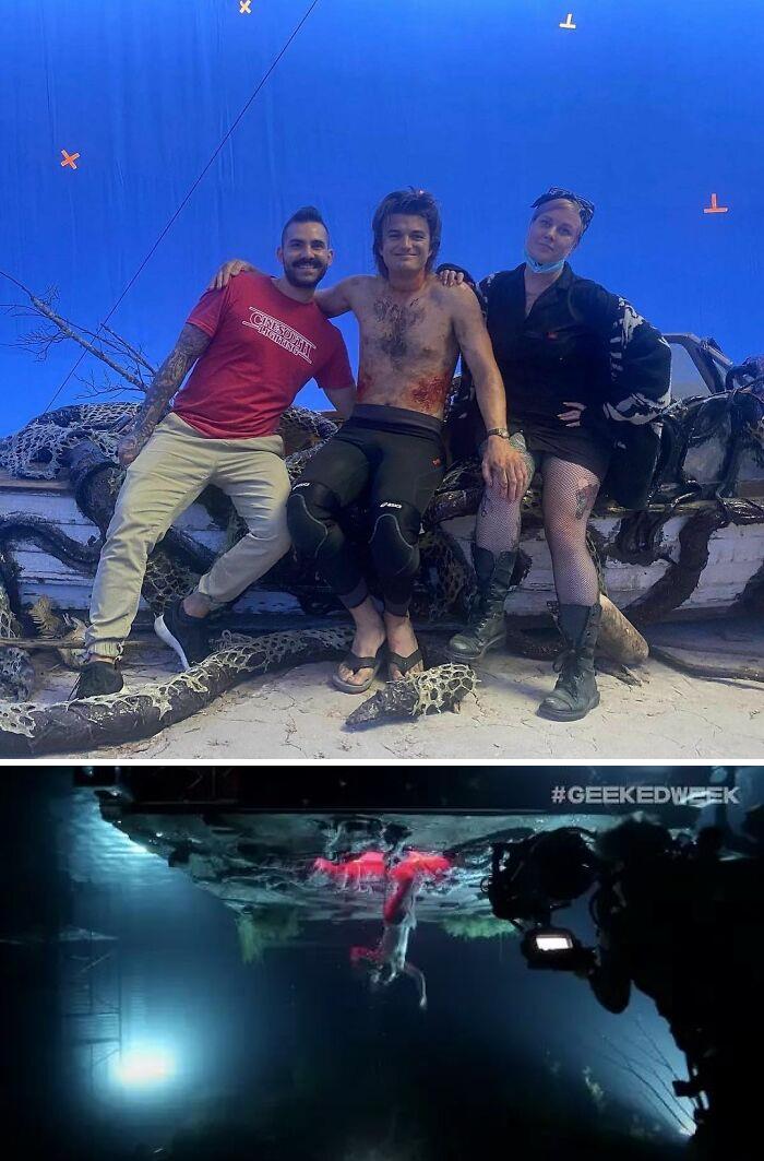 Steve/Joe Keery And The Makeup Team On The Boat That Is Covered In Upside Down Tentacles