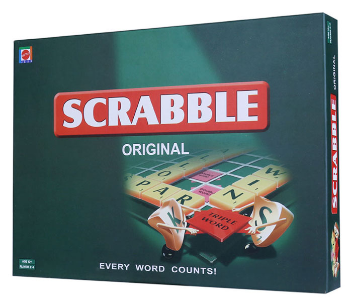Scrabble board game box featuring letter tiles and dice, perfect for the best board games night in.
