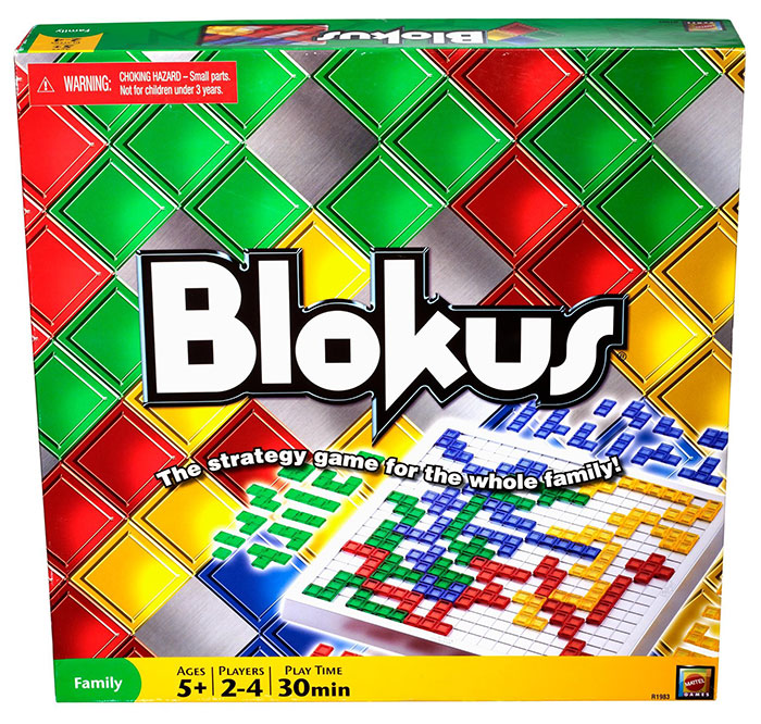 Blokus board game box showing colorful pieces and grid, a popular strategy option for a night in with family and friends.