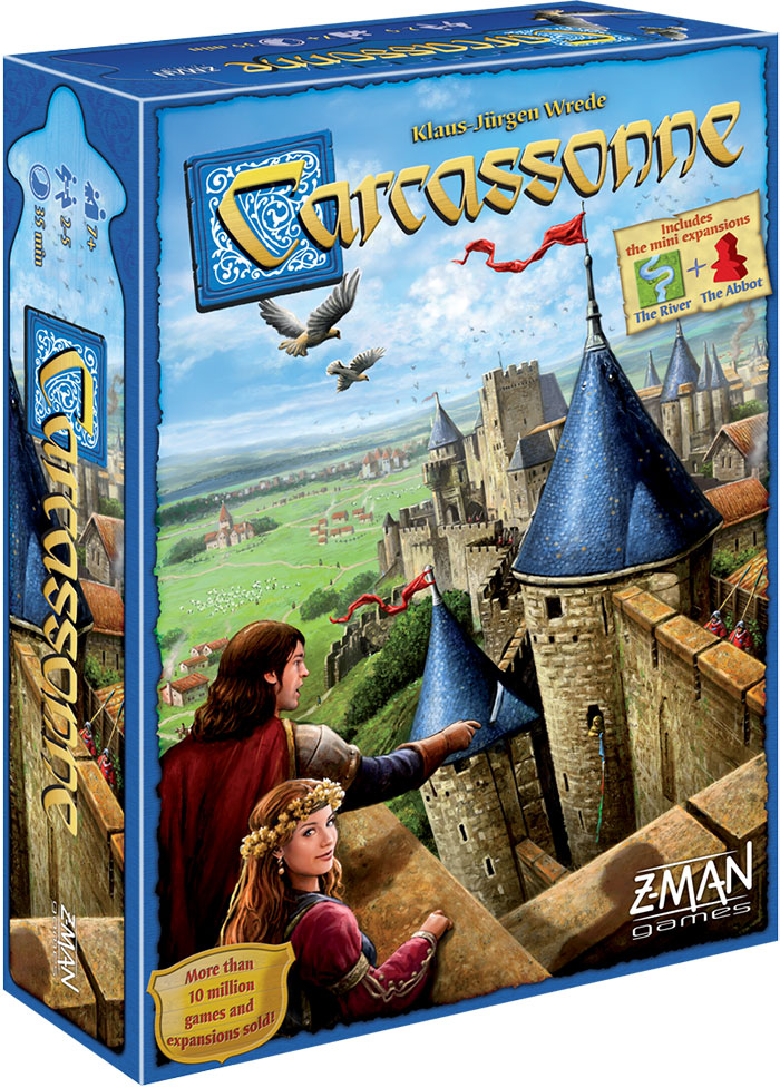 Carcassonne board game box featuring castle artwork and characters, a popular choice for board games on a night in