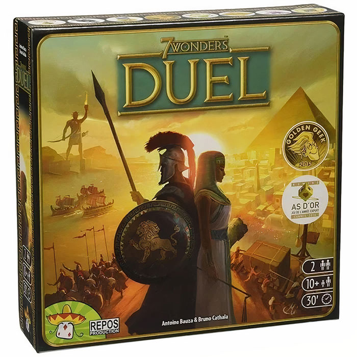 7 Wonders Duel board game box featuring ancient warriors and a sunset, ideal for best board games on a night in.