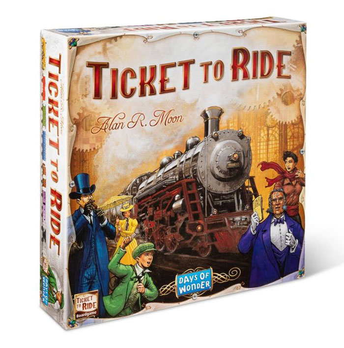 Ticket to Ride board game box featuring a vintage train, ideal for the best board games to play on a night in.