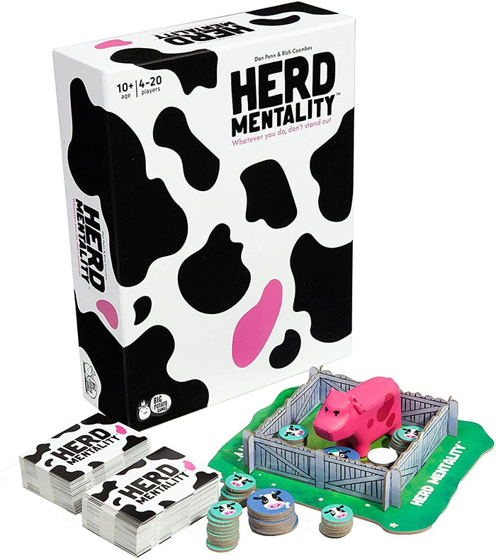 Herd Mentality board game with cow pattern box and playing pieces, a popular choice for board games on a night in.