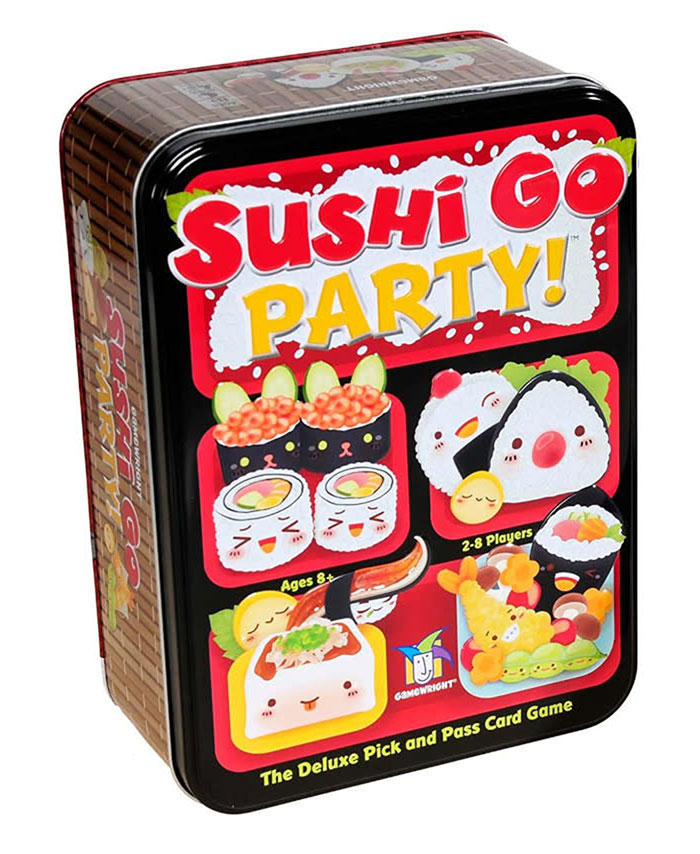 Sushi Go Party board game tin featuring colorful sushi illustrations for a fun night in with friends and family.