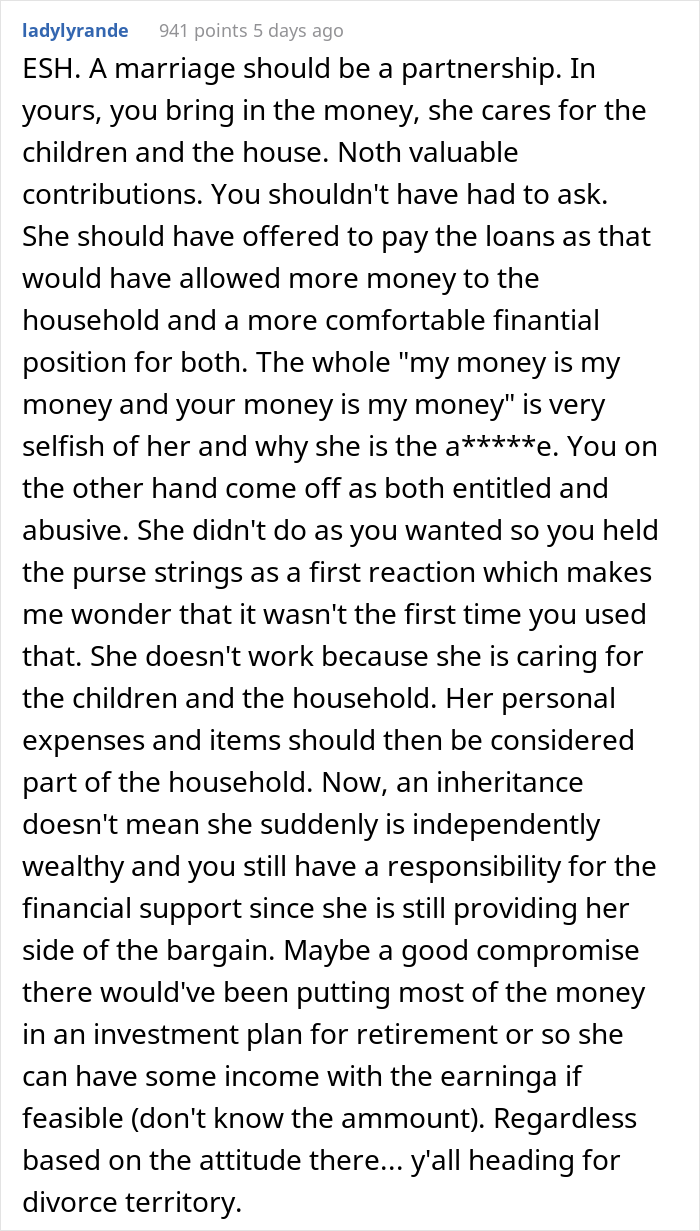 Husband Said No To Wife’s Personal Expenses After She Got A Huge Inheritance, But Didn’t Want To Share It To Pay Off His Student Loans