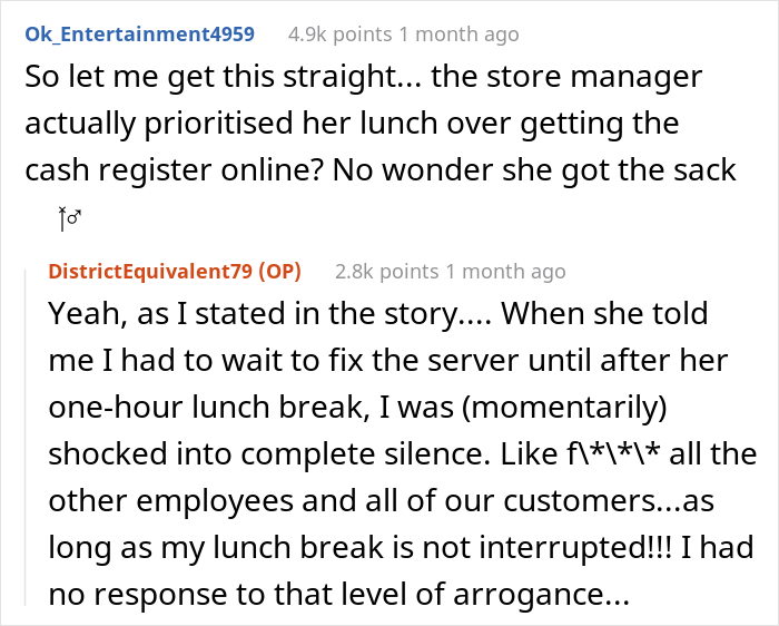 Store Manager Thinks The IT Guy Has No Right To Disrupt Her Lunch Break, Calls His Boss To Report On Him, Gets Fired Herself Instead