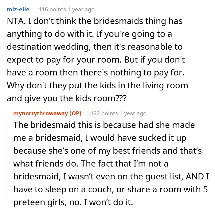 Woman Is Not Given Bridesmaid Duties And Has To Sleep On The Couch At Friend’s Wedding So She Asks If She’s Right For Not Wanting To Pay For Lodging