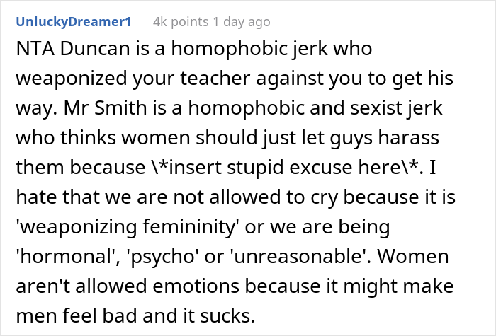 "Weaponizing My Femininity": 15 Y.O. Girl Gets Called A Jerk For Throwing A Tantrum After Getting Regularly Harassed At School