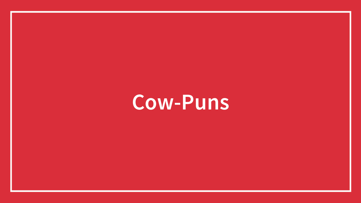 Red background with white text centered reading Cow-Puns inside a thin white rectangular border.