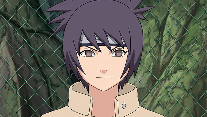 Anime character with short purple hair and a headband, standing in front of a green netted background.
