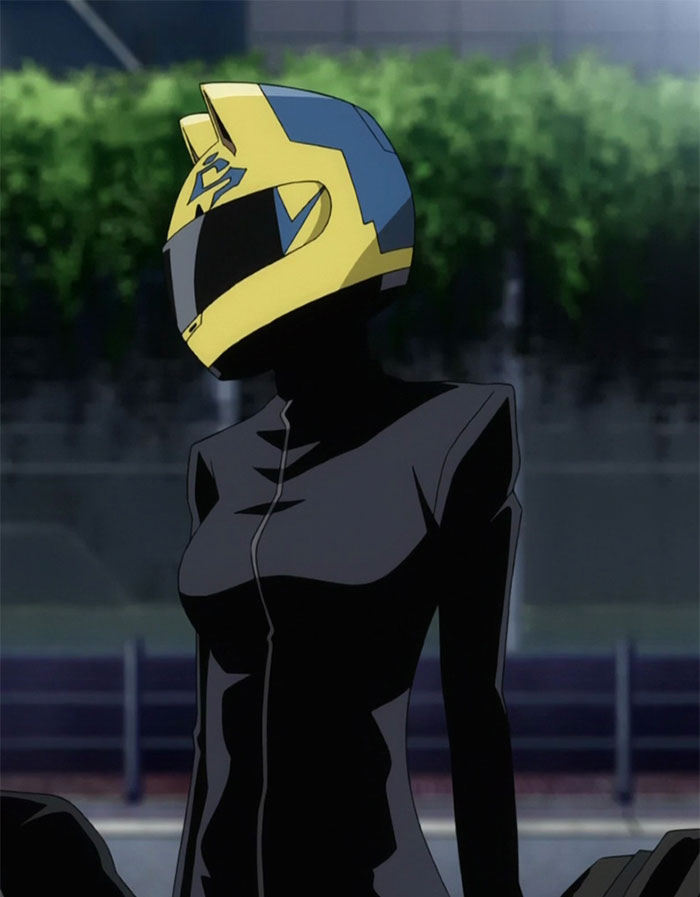 Celty Sturluson wearing black outfit and helmet