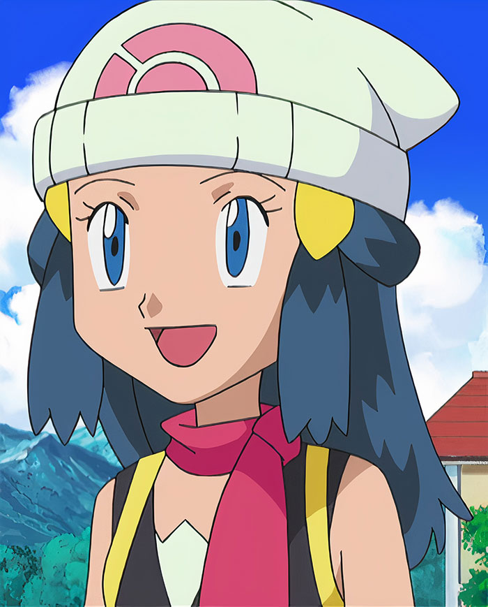Anime character with blue hair and a hat, smiling outdoors.