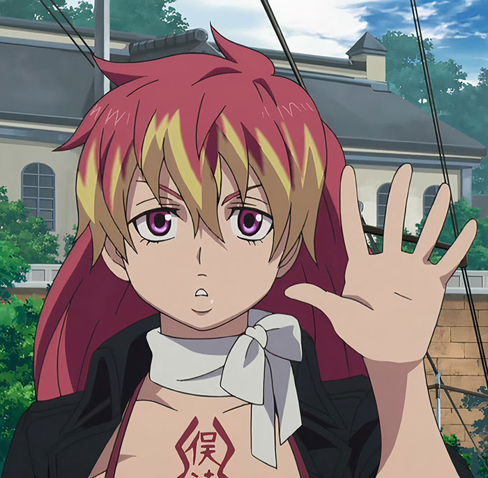 Female anime character with red and blonde hair, wearing a scarf and holding hand up, set against a rooftop background.