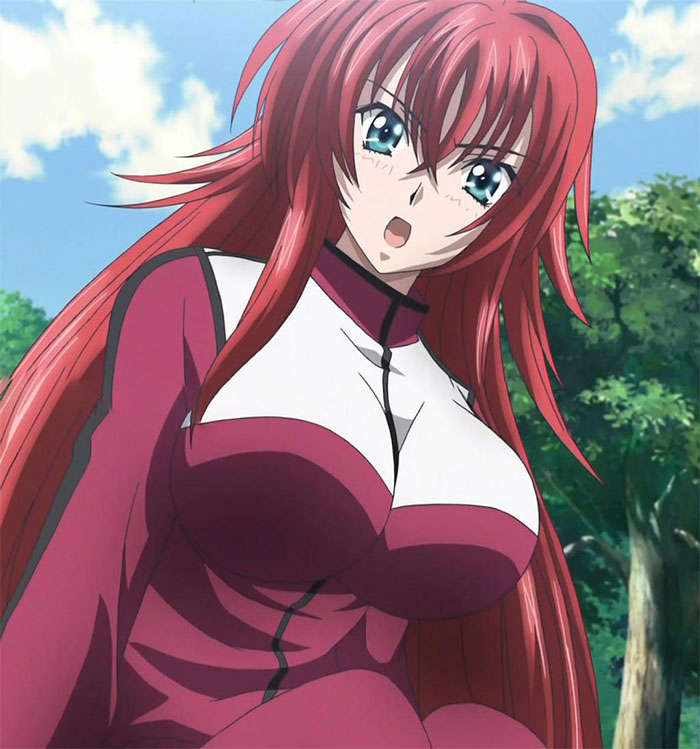 Female anime character with red hair and a confident expression, wearing a red and white outfit, outdoors.