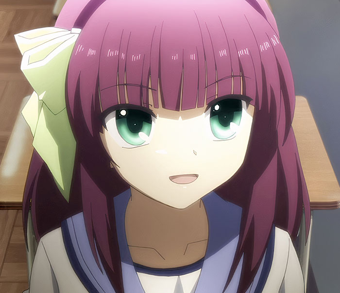 Female anime character with pink hair and green eyes, wearing a school uniform in a classroom setting.