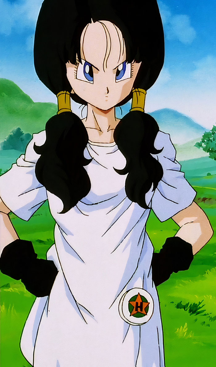 Female anime character with black hair and white outfit, standing confidently outdoors.