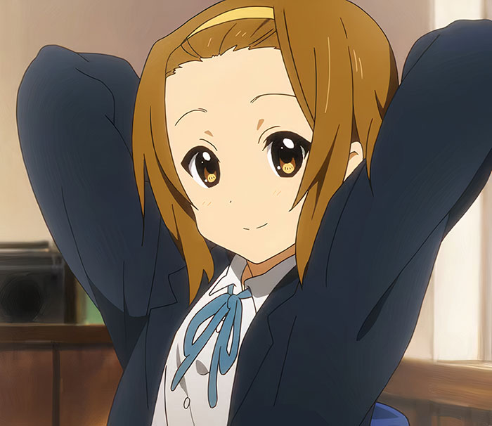 Anime character with short brown hair, wearing a headband and school uniform, smiling with arms behind head.
