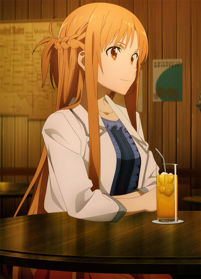 Asuna wearing blue shirt and white suit