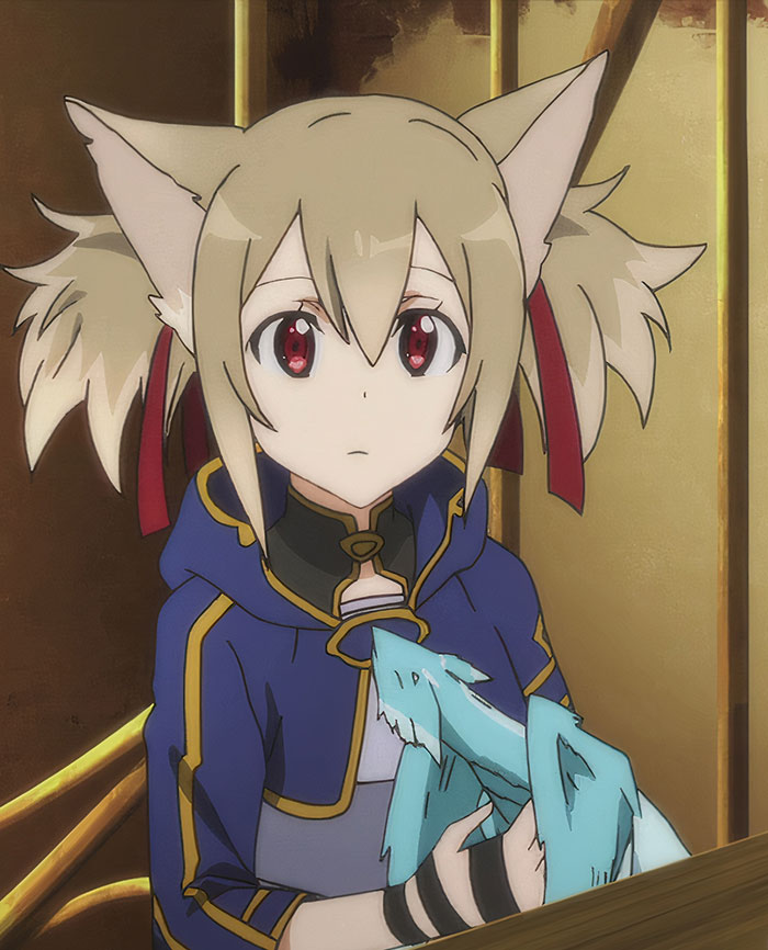 Female anime character with cat ears holding a small dragon, wearing a blue outfit.