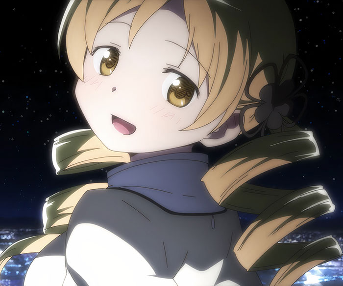 Smiling female anime character with blonde hair and a dark ribbon, gazing at the viewer under a starry night sky.