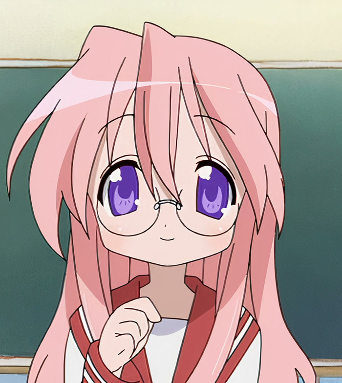 Pink-haired female anime character with glasses in a school uniform, representing favorite female anime characters.