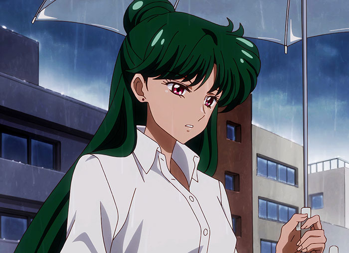 Anime character with green hair and red eyes holding an umbrella, set against a rainy urban background.