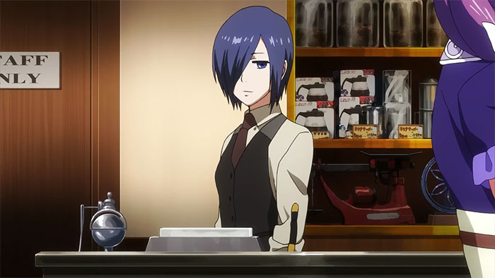 Female anime character with blue hair stands behind a counter in a shop, next to a "staff only" sign.