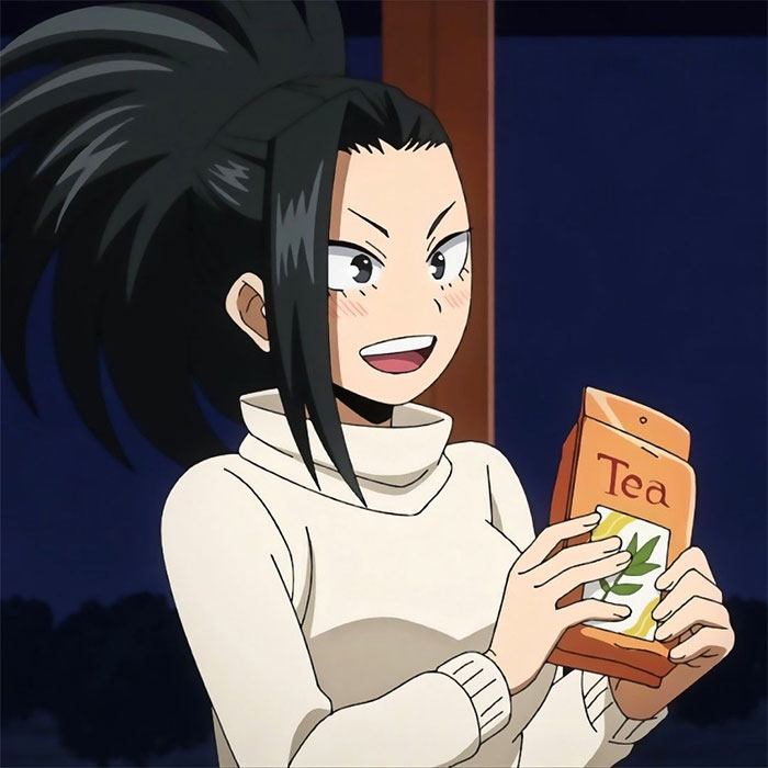 Female anime character holding a tea package, wearing a white sweater, with a surprised expression.