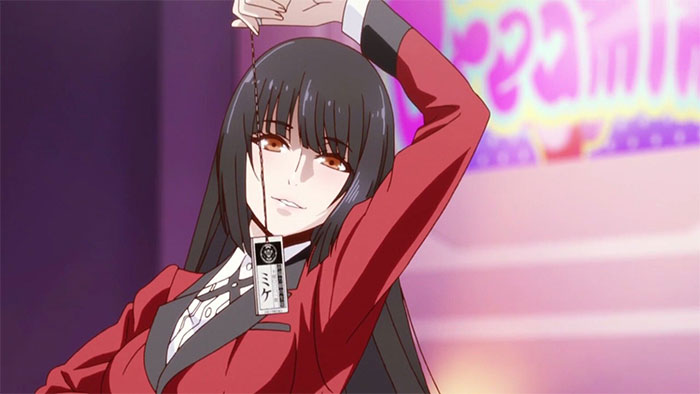 Female anime character in red blazer holding a tag with a confident expression.