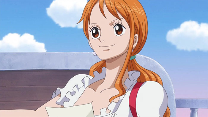 Anime character with orange hair and a white top smiling on a sunny day, representing favorite female anime characters.