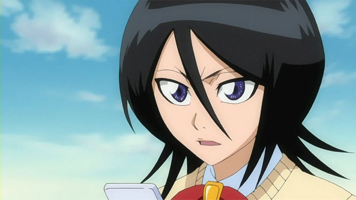 Female anime character with black hair, holding a phone under a blue sky.