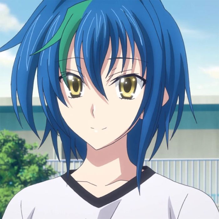 Anime character with blue hair and yellow eyes, wearing a white and black shirt, surrounded by greenery.
