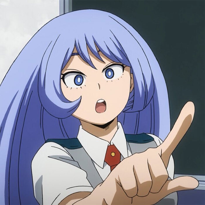 Anime character with blue hair and big eyes making a gesture in a school uniform.