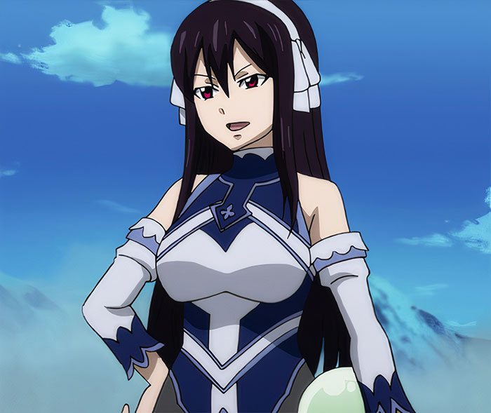 Female anime character with long dark hair and a blue outfit, standing against a bright sky backdrop.