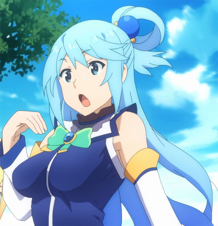 Anime character with long blue hair and a blue outfit, set against a clear sky, embodying favorite female anime characters.