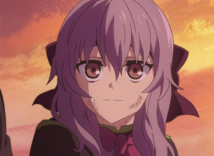 Popular female anime character with purple hair and a serene expression at sunset.