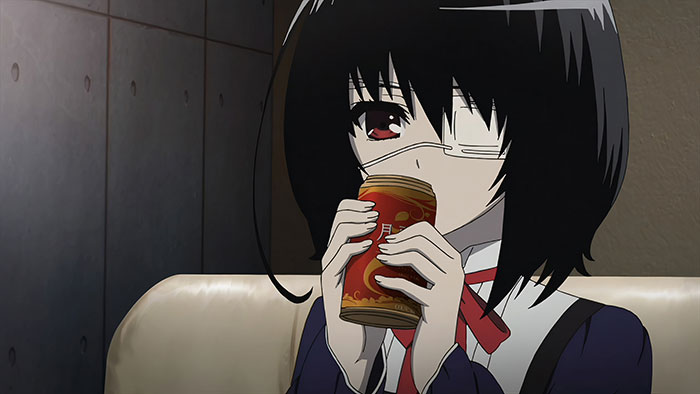 Anime character with black hair and eye patch sitting on a couch, holding a drink can.