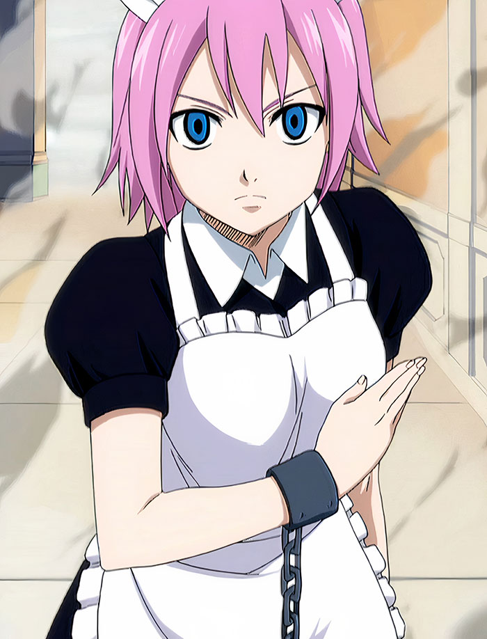 Anime character with pink hair and blue eyes in a maid outfit, showcasing popular female anime characters admired by fans.