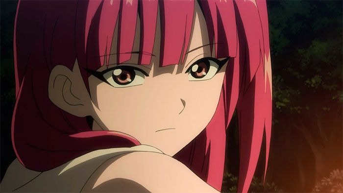 A female anime character with pink hair and intense eyes, set against a dark forest background.