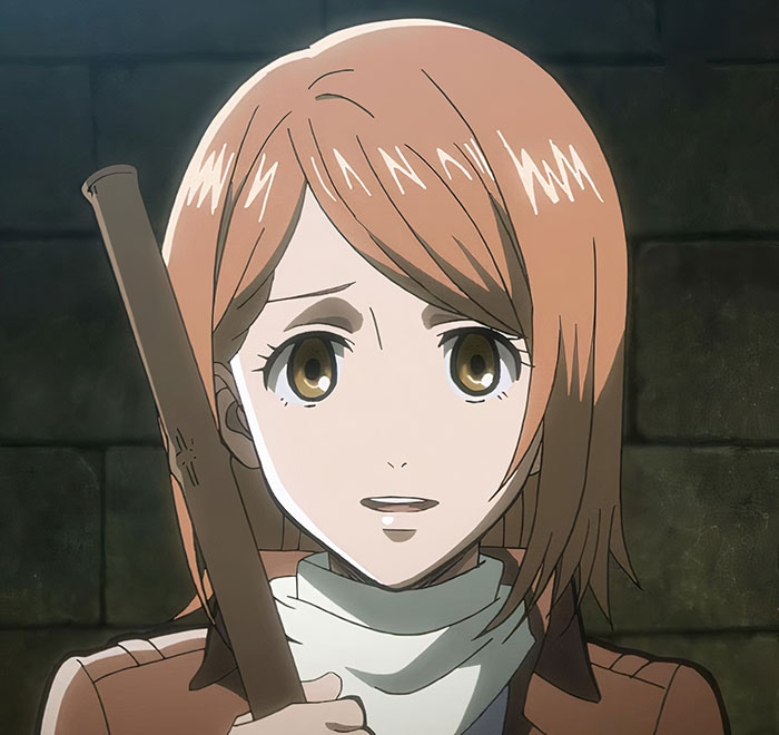 Female anime character holding a wooden stick, wearing a white scarf and brown jacket, in a dimly lit setting.
