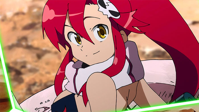 Female anime character with red hair and scarf, smiling, in an action scene.