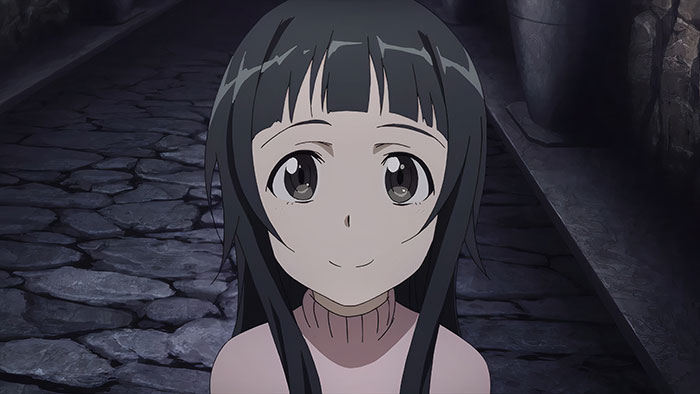 Anime character with dark hair and wide eyes, standing on a stone path, representing favorite female characters.