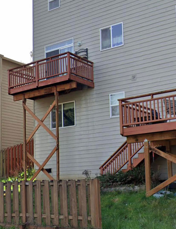Found This In A Real Estate Listing Near Me. That Upper Deck Looks Pretty Sketchy To Me. Is That Actually Structurally Sound And Safe? The Whole House Looks Cheap And Poorly Made